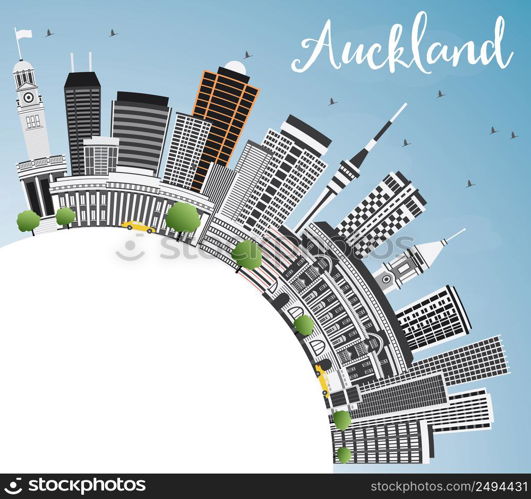Auckland Skyline with Gray Buildings, Blue Sky and Copy Space. Vector Illustration. Business Travel and Tourism Concept with Modern Architecture. Image for Presentation Banner Placard and Web Site.