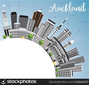 Auckland Skyline with Gray Buildings, Blue Sky and Copy Space. Vector Illustration. Business Travel and Tourism Concept with Modern Architecture. Image for Presentation Banner Placard and Web Site.