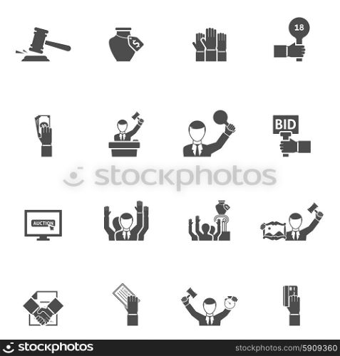 Auction Black White Icons Set . Auction black white icons set with bids internet vase and painting flat isolated vector illustration