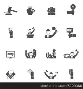 Auction Black White Icons Set . Auction black white icons set with bids internet vase and painting flat isolated vector illustration