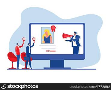 Auction business Selling portrait painting Concept of selling non-fungible token at auction on laptop vector.