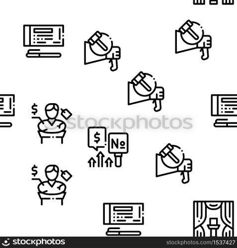 Auction Buying And Selling Goods Seamless Pattern Vector Thin Line. Illustrations. Auction Buying And Selling Goods Icons Set Vector