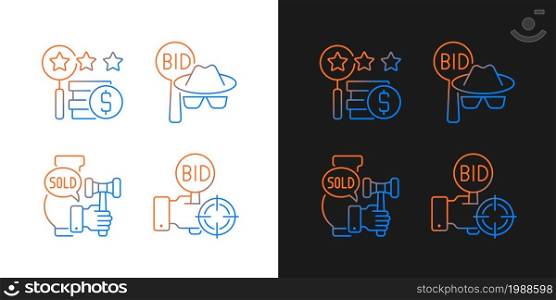 Auction components gradient icons set for dark and light mode. Auctioneer. Appraisal process. Thin line contour symbols bundle. Isolated vector outline illustrations collection on black and white. Auction components gradient icons set for dark and light mode