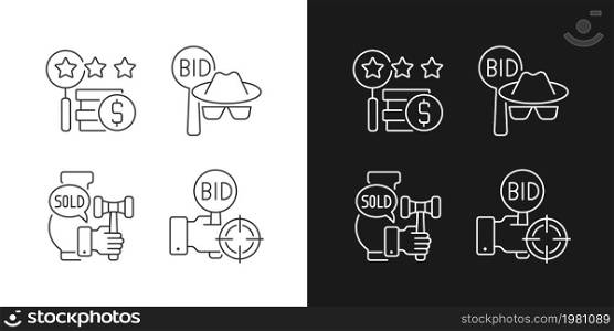 Auction components linear icons set for dark and light mode. Silent bidding. Auction sniping. Appraisal process. Customizable thin line symbols. Isolated vector outline illustrations. Editable stroke. Auction components linear icons set for dark and light mode
