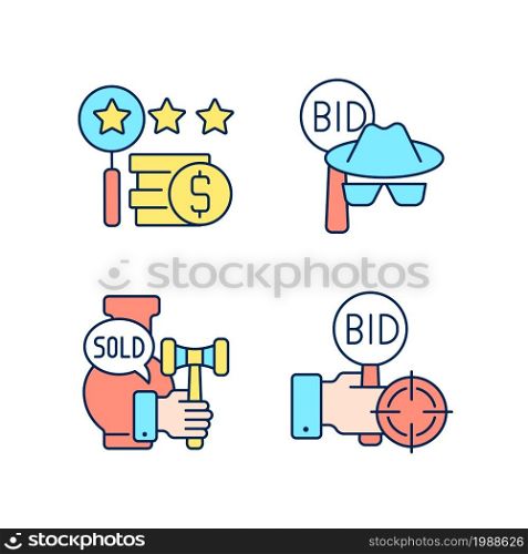 Auction components RGB color icons set. Silent bidding. Auction sniping. Auctioneer. Appraisal process. Isolated vector illustrations. Simple filled line drawings collection. Editable stroke. Auction components RGB color icons set