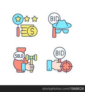 Auction components RGB color icons set. Silent bidding. Auction sniping. Auctioneer. Appraisal process. Isolated vector illustrations. Simple filled line drawings collection. Editable stroke. Auction components RGB color icons set