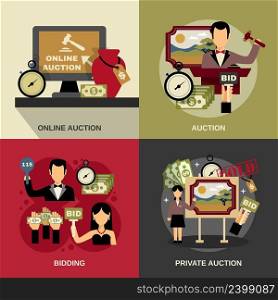 Auction concept icons set with art and bidding symbols flat isolated vector illustration . Auction Concept Icons Set 