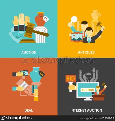 Auction Deal Icons Set . Auction deal icons set with antiques and internet bidding flat isolated vector illustration