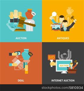 Auction Deal Icons Set . Auction deal icons set with antiques and internet bidding flat isolated vector illustration