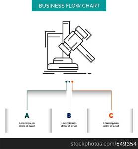 Auction, gavel, hammer, judgement, law Business Flow Chart Design with 3 Steps. Line Icon For Presentation Background Template Place for text. Vector EPS10 Abstract Template background