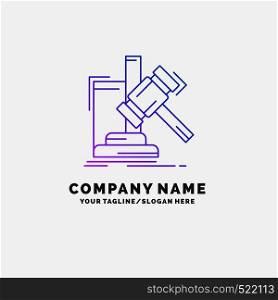 Auction, gavel, hammer, judgement, law Purple Business Logo Template. Place for Tagline. Vector EPS10 Abstract Template background