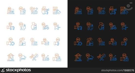 Auction gradient icons set for dark and light mode. Competitive bargaining. Bidding for item. Thin line contour symbols bundle. Isolated vector outline illustrations collection on black and white. Auction gradient icons set for dark and light mode