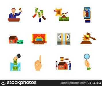 Auction icon set. Auctioneer Raising money Lot Internet auction Interior Sold sound Building auction Bidder hand. Contains bonus icons of Mortgage Dollar pack Donation box Number one gesture