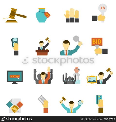 Auction Icons Set . Auction icons set with hammer hands and money flat isolated vector illustration