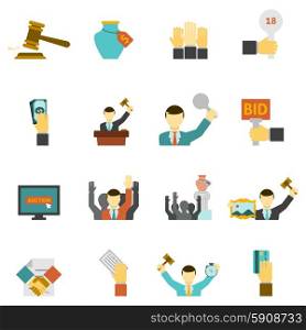 Auction Icons Set . Auction icons set with hammer hands and money flat isolated vector illustration