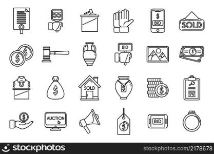 Auction icons set outline vector. Online charity. Internet property. Auction icons set outline vector. Online charity