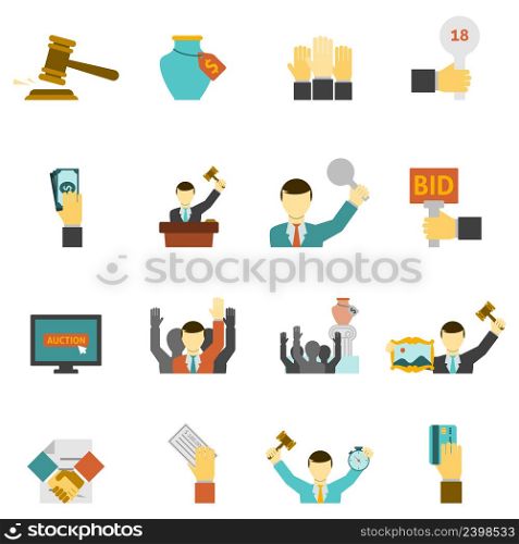 Auction icons set with hammer hands and money flat isolated vector illustration . Auction Icons Set