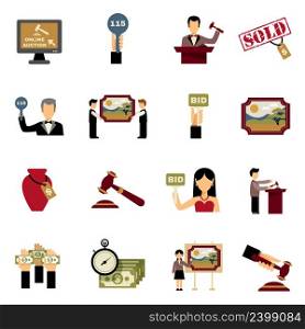 Auction icons set with hammer hands and money symbols flat isolated vector illustration . Auction Icons Set