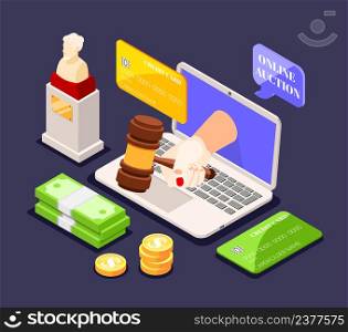 Auction isometric background composition with laptop and human hand holding gavel with cash and credit card vector illustration. Online Auction Isometric Composition
