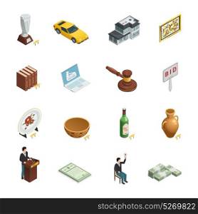 Auction Isometric Icon Set. Set of sixteen isolated auction isometric icons with bidding paddle hammer valuable goods and people characters vector illustration
