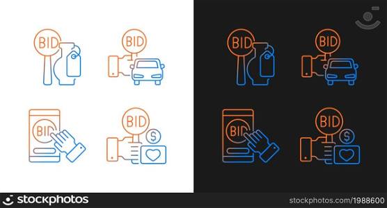 Auction items gradient icons set for dark and light mode. Online bargaining. Charity auction. Thin line contour symbols bundle. Isolated vector outline illustrations collection on black and white. Auction items gradient icons set for dark and light mode