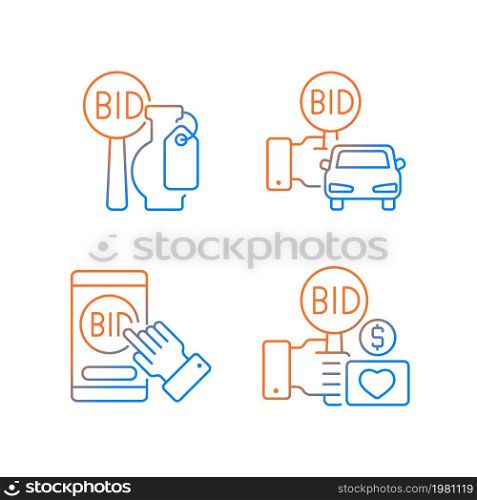 Auction items gradient linear vector icons set. Art objects and vehicle selling. Online app for bargaining. Charity auction. Thin line contour symbols bundle. Isolated outline illustrations collection. Auction items gradient linear vector icons set