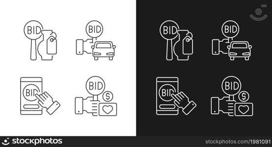 Auction items linear icons set for dark and light mode. Art objects, vehicle selling. Online app for bargaining. Customizable thin line symbols. Isolated vector outline illustrations. Editable stroke. Auction items linear icons set for dark and light mode