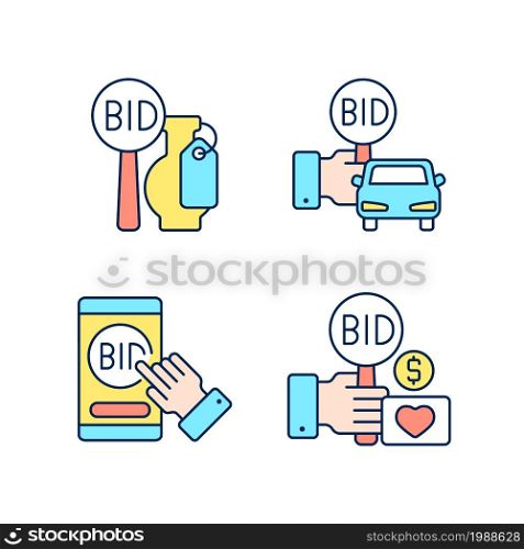 Auction items RGB color icons set. Art objects and vehicle selling. Online app for bargaining. Charity auction. Isolated vector illustrations. Simple filled line drawings collection. Editable stroke. Auction items RGB color icons set