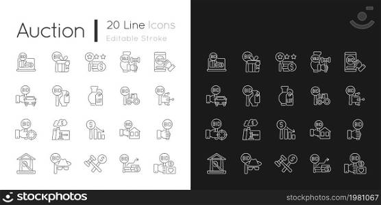 Auction linear icons set for dark and light mode. Competitive bargaining. Bidding for item. Public sales. Customizable thin line symbols. Isolated vector outline illustrations. Editable stroke. Auction linear icons set for dark and light mode