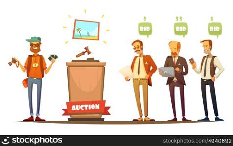 Auction Participants Retro Cartoon Persons Set. Traditional auction painting sale bidding participants with laptop tablet and cell phone retro cartoon people vector illustration