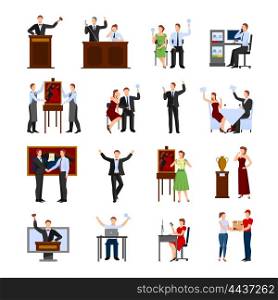 Auction People Flat Icons Set . Auction people selling and buying things with holding hammer auctioneer flat icons set isolated abstract vector illustration
