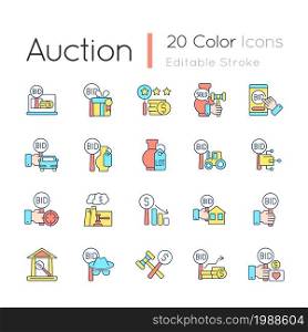 Auction RGB color icons set. Competitive bargaining. Bidding for item. Public sales. Selling property, antique. Isolated vector illustrations. Simple filled line drawings collection. Editable stroke. Auction RGB color icons set