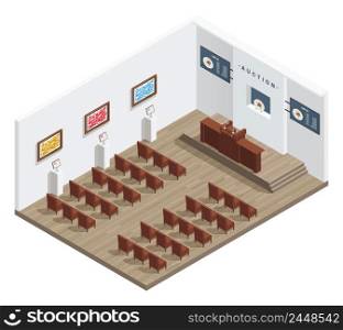Auction room isometric interior with auctioneers tribune bidders chairs pictures on the wall and information boards vector illustration. Modern Auction Room Interior