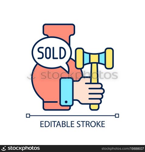 Auctioneer RGB color icon. Person who conducts auction process. Approving bids. Hosting bidding competition. Announce winner. Isolated vector illustration. Simple filled line drawing. Editable stroke. Auctioneer RGB color icon