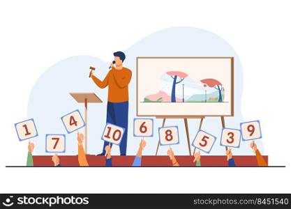 Auctioneer with hammer selling artwork on stage. Buyers holding signs with offers flat vector illustration. Auction, trade, bidding concept for banner, website design or landing web page