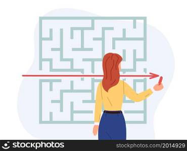 Audacious solution task. Direct path to goal. Woman solving puzzle. Mind exercise. Girl searching best way. Logic riddle. Intellectual challenge. Person overcoming labyrinth obstacles. Vector concept. Audacious solution task. Direct path to goal. Woman solving puzzle. Mind exercise. Girl searching way. Logic riddle. Intellectual challenge. Person overcoming obstacles. Vector concept