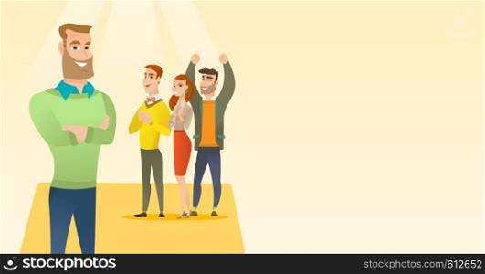 Audience applauding at business conference. Caucasian businessmen applauding at business seminar. Young businessmen applauding during presentation. Vector flat design illustration. Horizontal layout.. Business people applauding at conference.