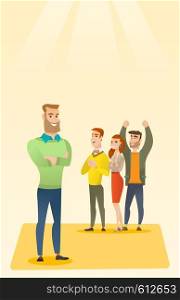 Audience applauding at business conference. Caucasian businessmen applauding at business seminar. Cheerful businessmen applauding during presentation. Vector flat design illustration. Vertical layout.. Business people applauding at conference.