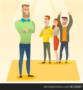 Audience applauding at business conference. Caucasian businessmen applauding at business seminar. Cheerful businessmen applauding during presentation. Vector flat design illustration. Square layout.. Business people applauding at conference.