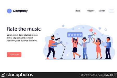 Audience rating rock singer at concert. Followers enjoying music in nightclub flat vector illustration. Feedback and social networking concept for banner, website design or landing web page