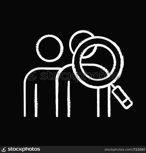 Audience research chalk icon. Visitors increasing. Human resources. Staff searching. HR management. Targeted marketing. Magnifying glass with people. Isolated vector chalkboard illustration. Audience research chalk icon