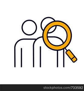 Audience research color icon. Visitors increasing. Human resources. Staff searching. HR management. Customer attraction. Targeted marketing. Magnifying glass with people. Isolated vector illustration. Audience research color icon