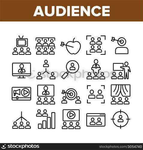 Audience Social Group Collection Icons Set Vector Thin Line. Human On Computer Screen And Magnifier, Video Player And Web Site Audience Concept Linear Pictograms. Monochrome Contour Illustrations. Audience Social Group Collection Icons Set Vector