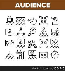 Audience Social Group Collection Icons Set Vector Thin Line. Human On Computer Screen And Magnifier, Video Player And Web Site Audience Concept Linear Pictograms. Monochrome Contour Illustrations. Audience Social Group Collection Icons Set Vector