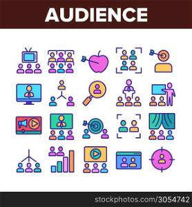 Audience Social Group Collection Icons Set Vector Thin Line. Human On Computer Screen And Magnifier, Video Player And Web Site Audience Concept Linear Pictograms. Color Contour Illustrations. Audience Social Group Collection Icons Set Vector