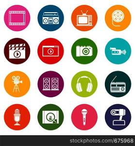 Audio and video icons many colors set isolated on white for digital marketing. Audio and video icons many colors set