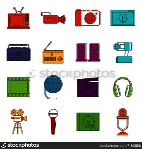Audio and video icons set. Doodle illustration of vector icons isolated on white background for any web design. Audio and video icons doodle set