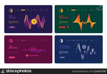 Audio assistant. Sound waves and microphones landing pages collection mobile digital voice screen visualization app vector collection. Illustration audio assistant and equalizer recognition voice. Audio assistant. Sound waves and microphones colored landing pages templates collection mobile digital voice screen visualization app garish vector designs collection