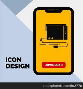 audio, card, external, interface, sound Glyph Icon in Mobile for Download Page. Yellow Background. Vector EPS10 Abstract Template background