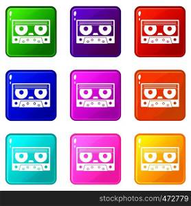 Audio cassette tape icons of 9 color set isolated vector illustration. Audio cassette tape icons 9 set